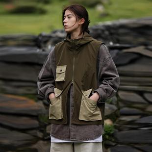 Nobodyknows秋季 连帽马甲街头户外坎肩男 复古撞色拼接大口袋工装