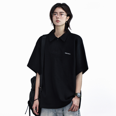 Nobodyknows美式复古polo衫半拉链翻领短袖男t恤夏季情侣纯色宽松