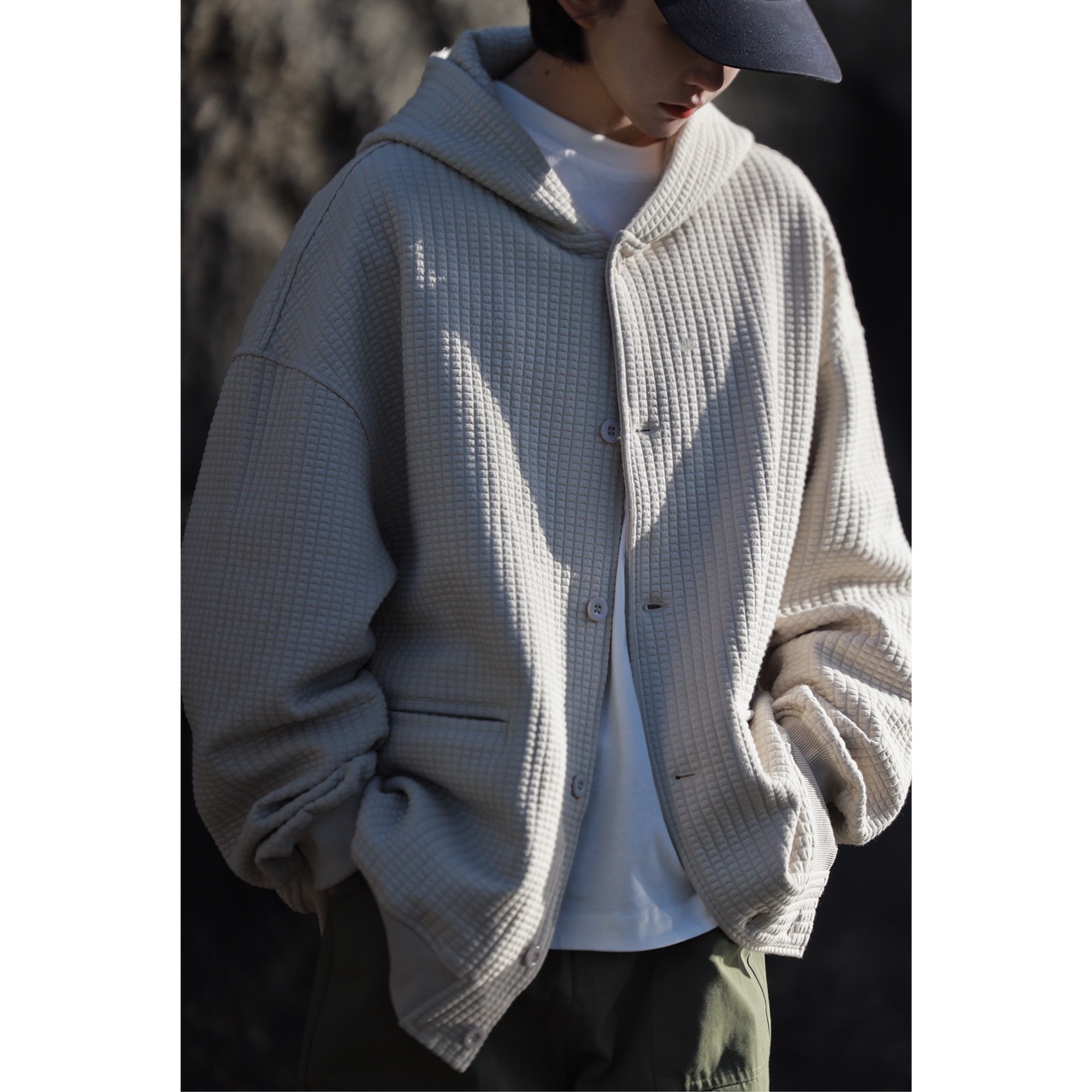 日系简约华夫格开衫连帽春秋