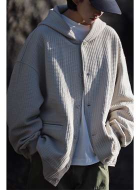 Nobodyknows日系华夫格纯色连帽宽松潮开衫休闲百搭卫衣夹克外套