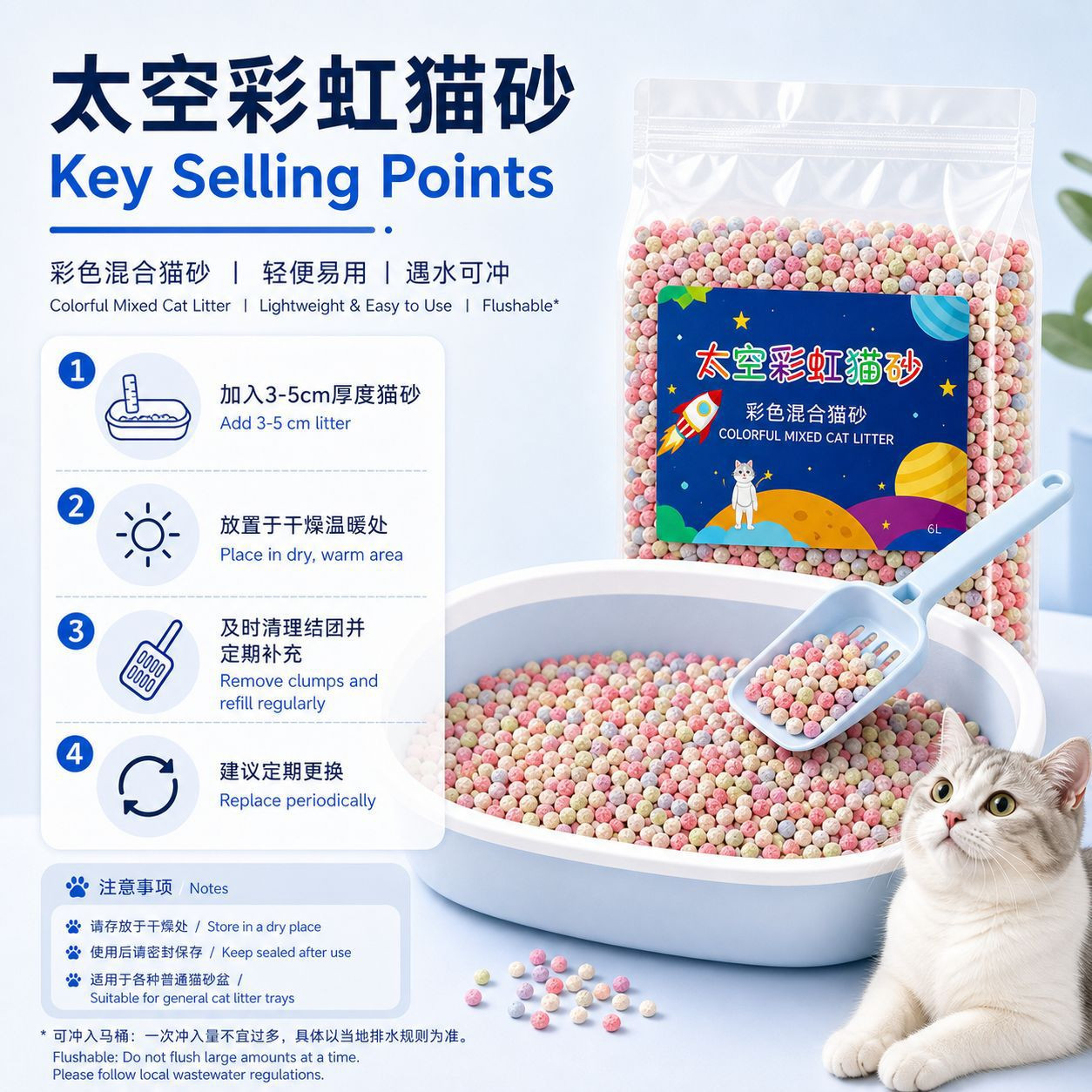 彩虹猫砂高分子混合太空猫砂豆腐除臭无尘猫砂清香型可快速冲厕所