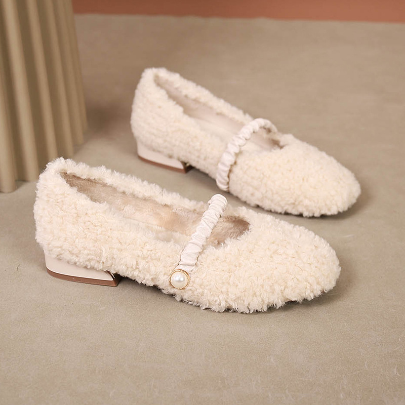 小码女鞋313233粗跟单鞋毛毛鞋女2025新款冬季加绒外穿棉鞋一脚蹬