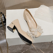 女2026年新款 网红春季 鞋 大码 小香风中跟高跟粗跟配裙子单鞋