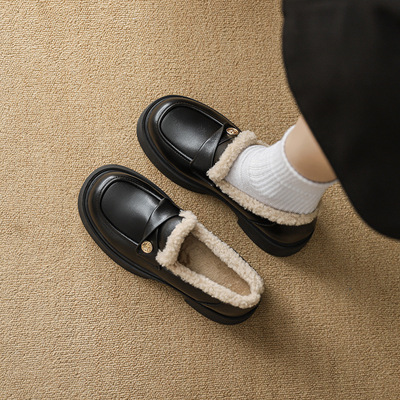 粗跟厚底英伦黑色小皮鞋女2025新款冬季加绒外穿棉鞋一脚蹬乐福鞋