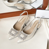 尖头配裙子包头气质凉鞋 女鞋 女2025新款 凉拖大码 夏季 水钻粗跟法式