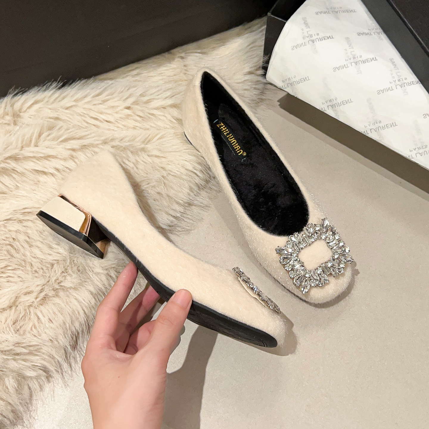 粗跟低跟配裙子毛毛鞋女2025新款秋冬加绒外穿棉鞋大码女鞋41-43,女鞋,浅口单鞋,淘宝优惠券,粉丝福利购,淘宝优惠卷