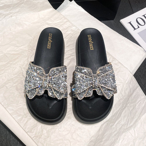 超纤粗跟法式水钻舒适柔软凉拖鞋