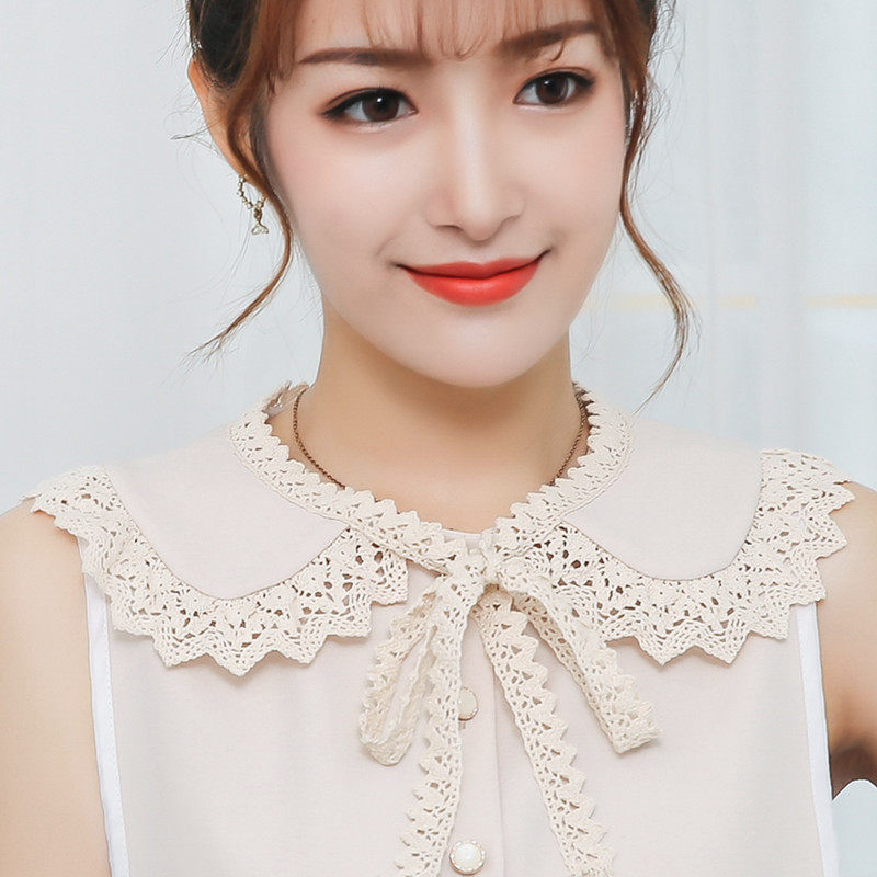 森女日系文艺复古假领子女纯棉针织刺绣荷叶花边飘带披肩大娃娃领