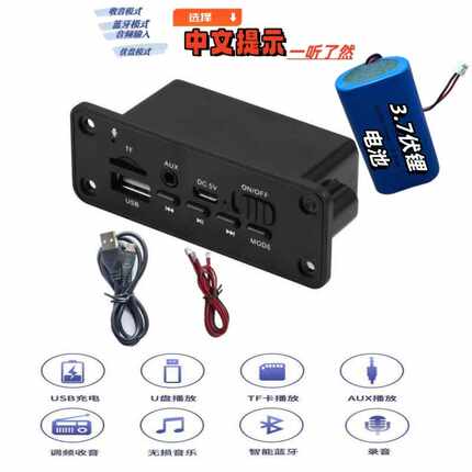 中文蓝牙功放板5.0双声道立体声MP3播放器5伏供电小音箱改装蓝牙