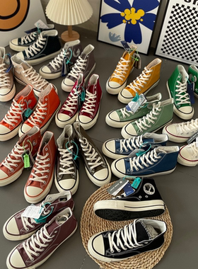 EVENSTAR新款实体店经典彩色高帮系带帆布鞋韩国女鞋实拍高腰板鞋