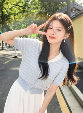 法式蓝色条纹冰丝针织短袖T恤女