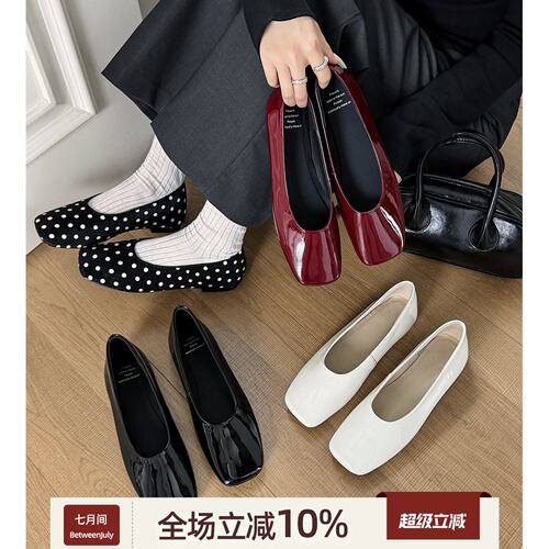 七月间 波点玛丽珍单鞋女2026新款方头浅口平底鞋一脚蹬芭蕾舞鞋