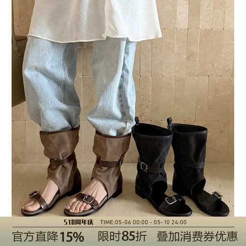 七月间露趾凉靴女2026新款夏季透气复古罗马凉靴褶皱堆堆靴西部靴