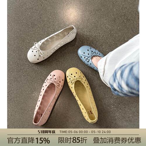 七月间 法式镂空单鞋女2026新款圆头浅口蝴蝶结百搭平底芭蕾舞鞋