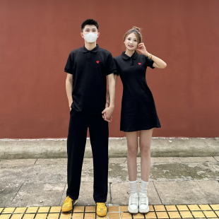 3KU夫妇夏季爱心polo衫短袖男女连衣裙A字短裙情侣款简约半截袖潮