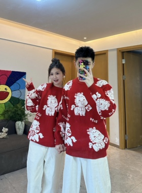 3KU夫妇2026新年新款小马提花喜庆红色针织毛衣套头男女同款上衣