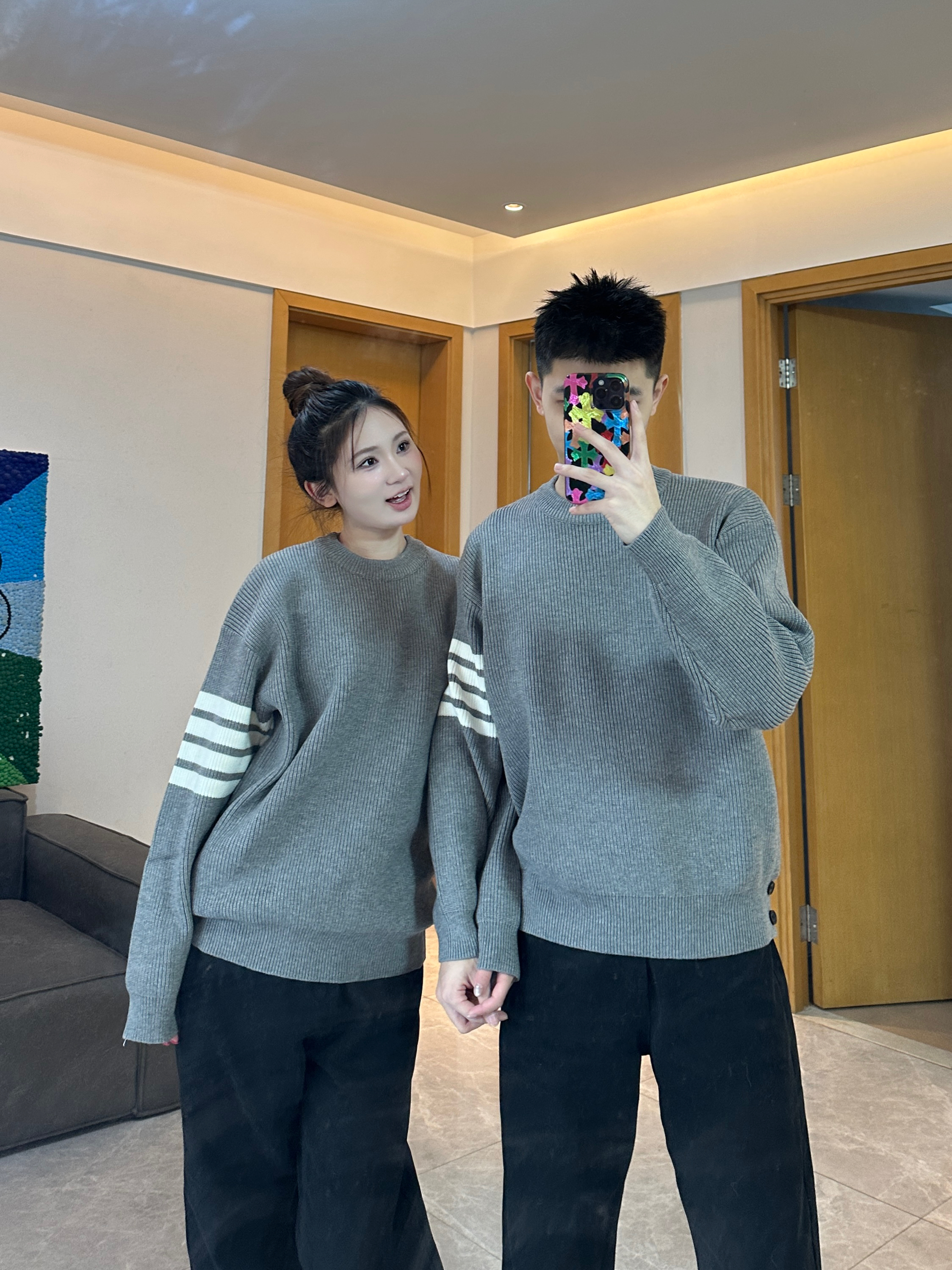 3KU夫妇秋冬新款圆领拼接针织毛衣套头男女同款宽松休闲百搭上衣