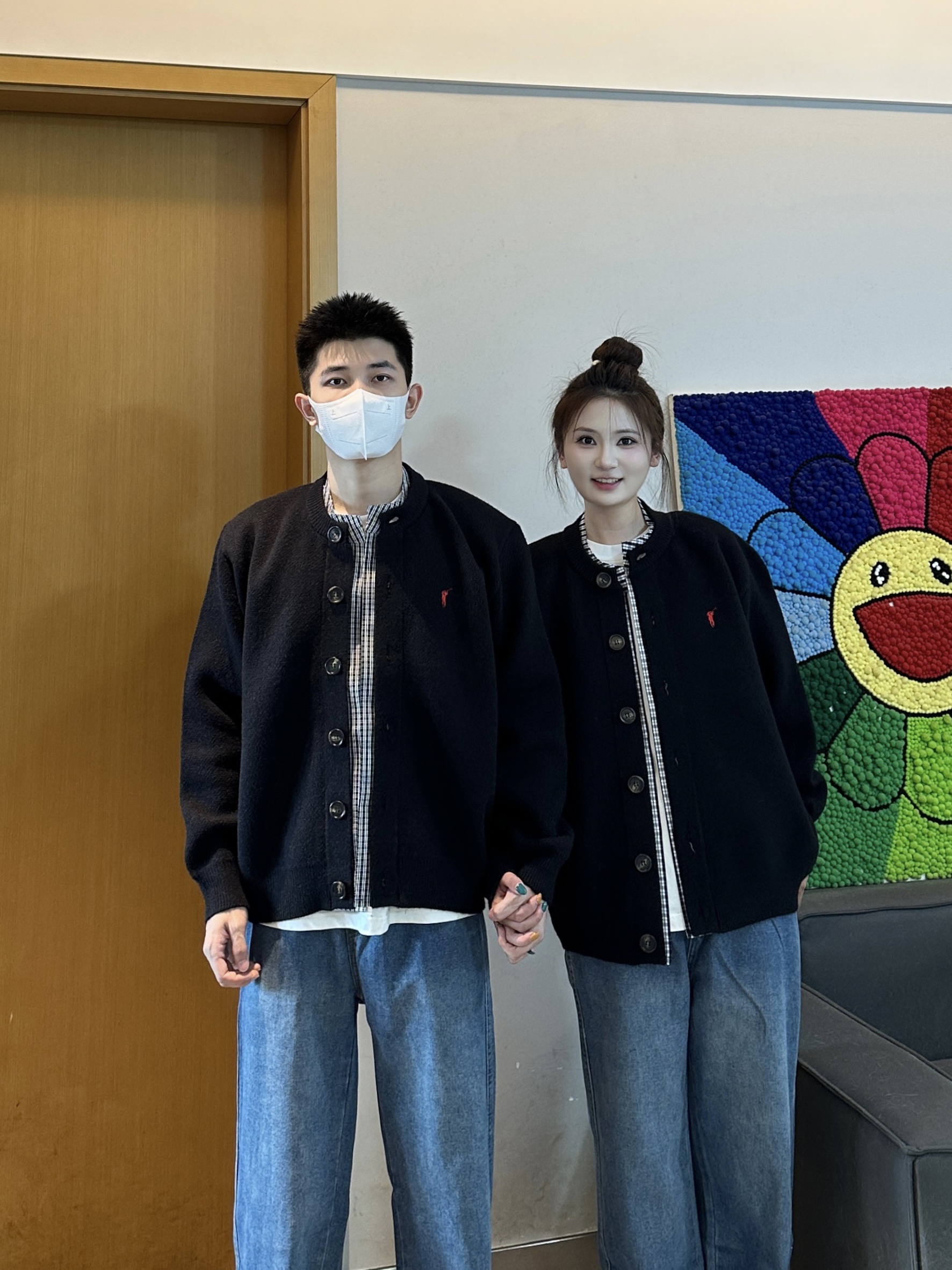3KU夫妇秋季新款拼接立领假两件刺绣针织毛衣开衫外套男女情侣潮