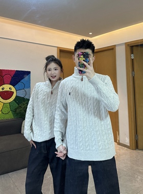 3KU夫妇秋冬新款半高领拉链针织毛衣麻花上衣刺绣男女同款百搭潮