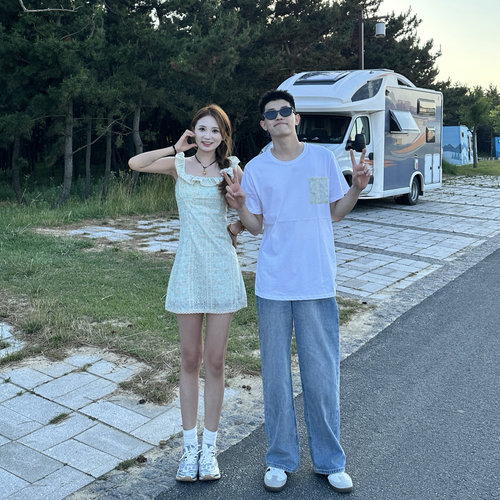 3KU夫妇夏季短袖T恤一衣一裙男女情侣款公主裙短裙碎花小众设计潮