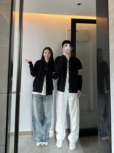 3KU夫妇秋季新款拼接四条杠针织毛衣开衫外套男女同款情侣百搭潮