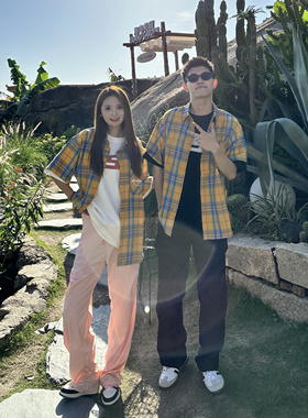 3KU夫妇夏季潮流黄色格子短袖衬衫外套男女情侣宽松休闲衬衣潮牌