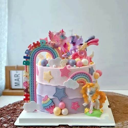 网红小马蛋糕装饰摆件独角兽彩虹木马小马摆件公主女孩甜品台插件
