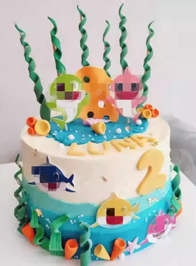 卡通小鲨鱼蛋糕装饰插牌套装 海洋主题儿童生日烘焙装扮插件插卡