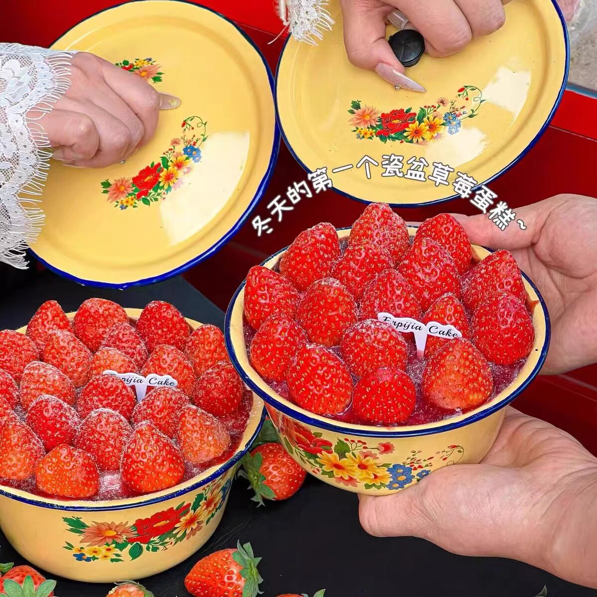 网红同款圣诞节草莓蛋糕装饰复古怀旧大红花搪瓷盆烘焙甜品装扮