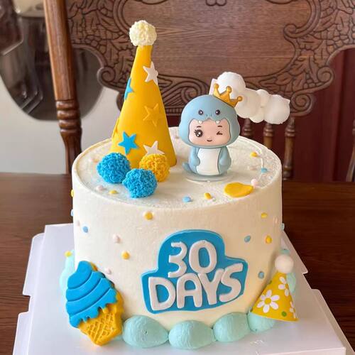 蛇宝宝满月30天100天蛋糕装饰插件蓝色系卡通皇冠小蛇生日ins插牌