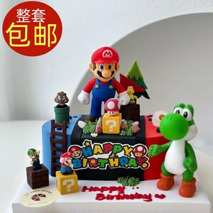超级玛丽蛋糕装饰马里奥蘑菇小恐龙摆件儿童男孩生日派对插件插牌