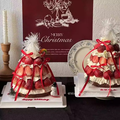 2025圣诞节氛围感草莓塔蛋糕装饰礼帽圣诞雪人雨丝雪花蝴蝶结丝带