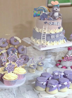 兔子甜品台装饰插件紫色系蛋糕满月生日主题布丁瓶封口盖纸绑带