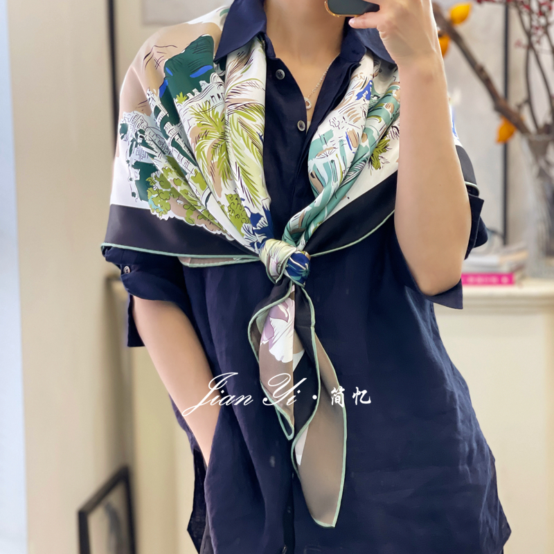 【海边城市】涂鸦艺术篙级重磅真丝桑蚕丝双面缎围巾大披肩105cm