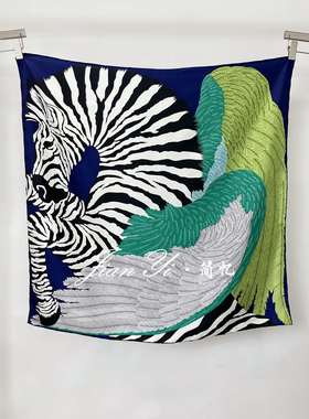 【斑马飞马】蓝绿色经典真丝桑蚕丝斜纹18姆米88方巾女士丝巾双面