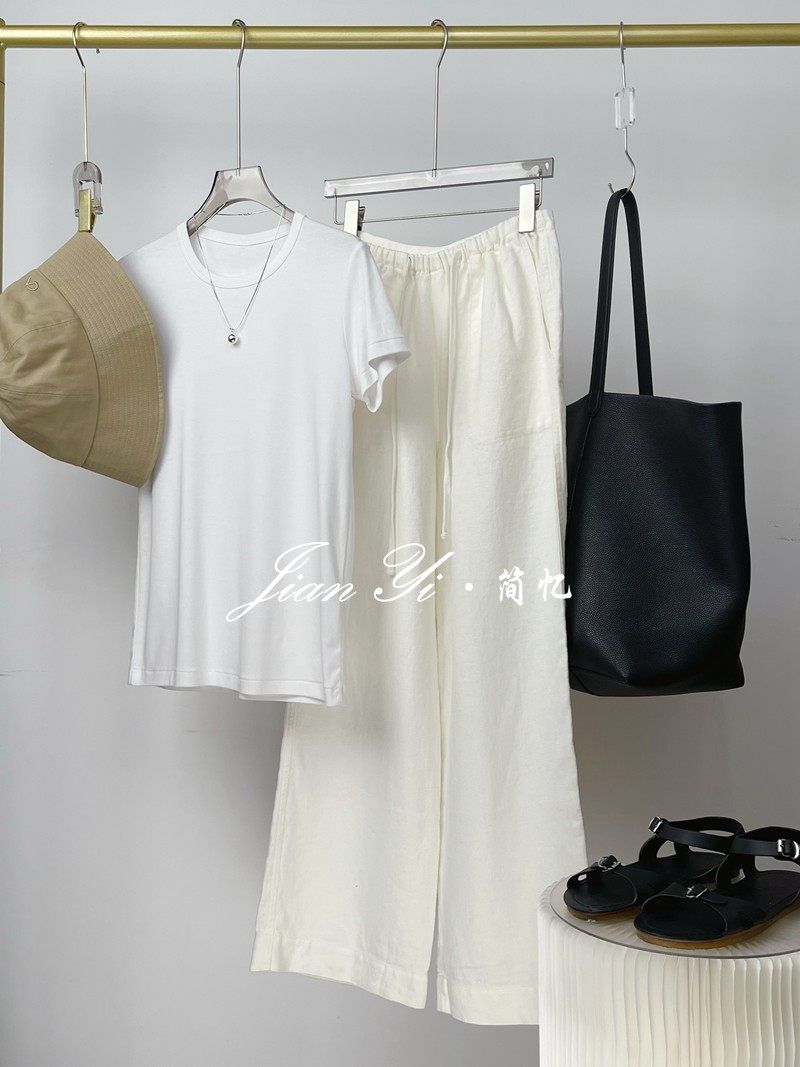 好评如潮纯天然斜纹高密垂坠亚麻阔腿休闲裤女夏季抽绳松紧白色