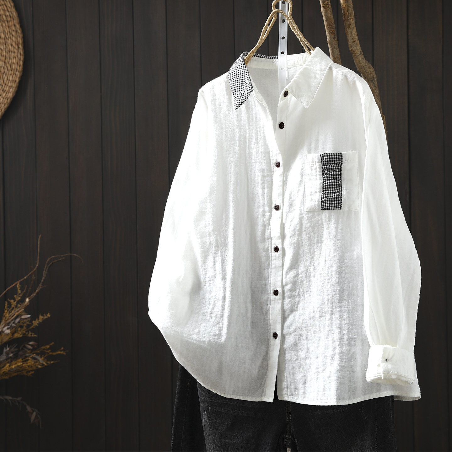 白色衬衫女2026春季新款双层棉纱文艺撞色拼接设计感宽松长袖衬衣