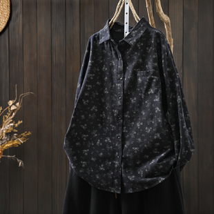 黑色纯棉印花胖mm时尚 碎花衬衫 秋季 2025新款 宽松显瘦文艺衬衣 女款