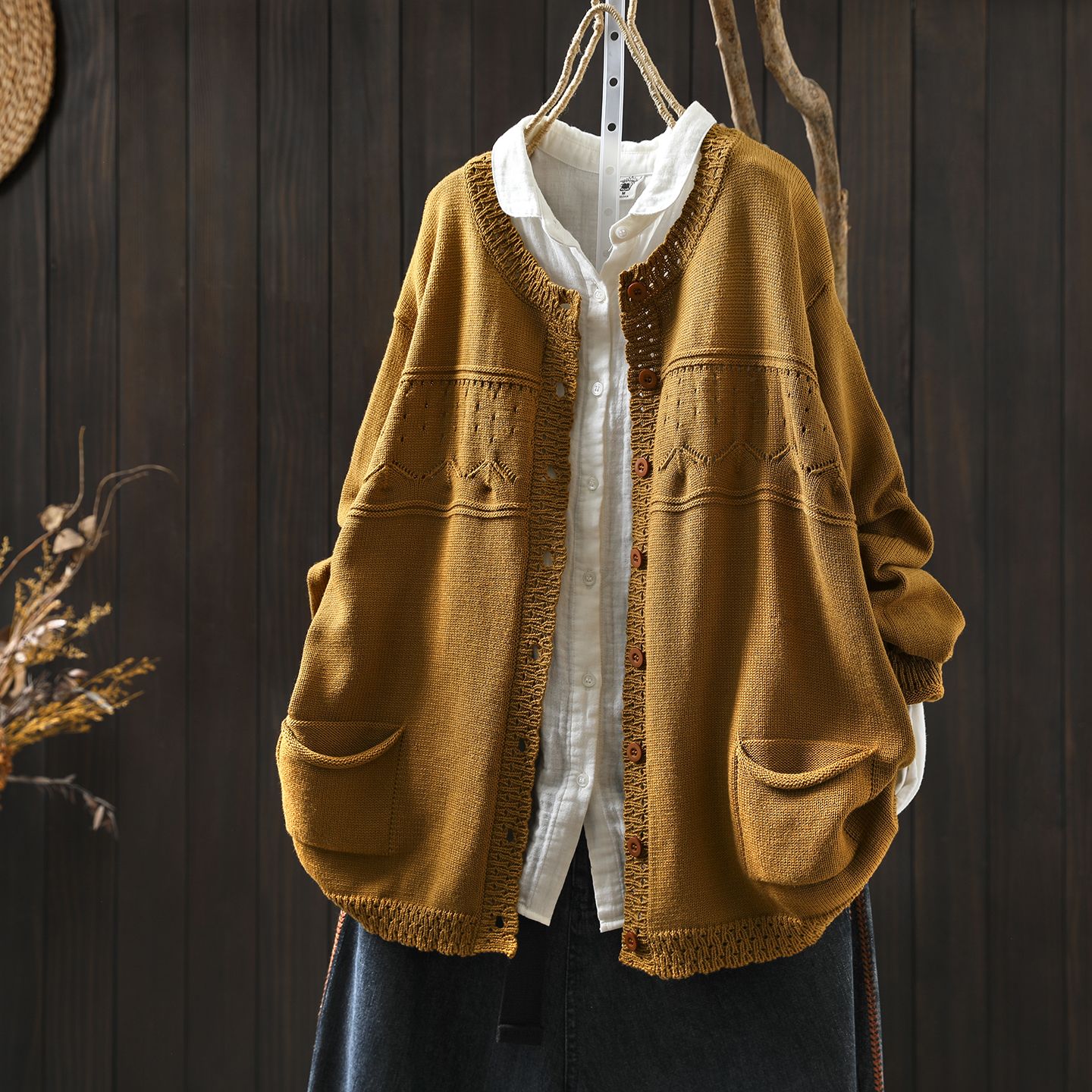 针织女装2025新款秋冬季棉线双口袋花边纯色减龄设计感巨好看开衫