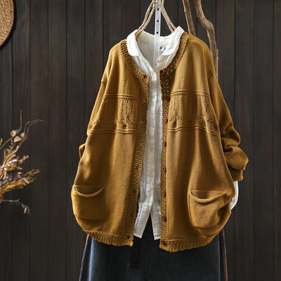 针织女装2025新款秋冬季棉线双口袋花边纯色减龄设计感巨好看开衫