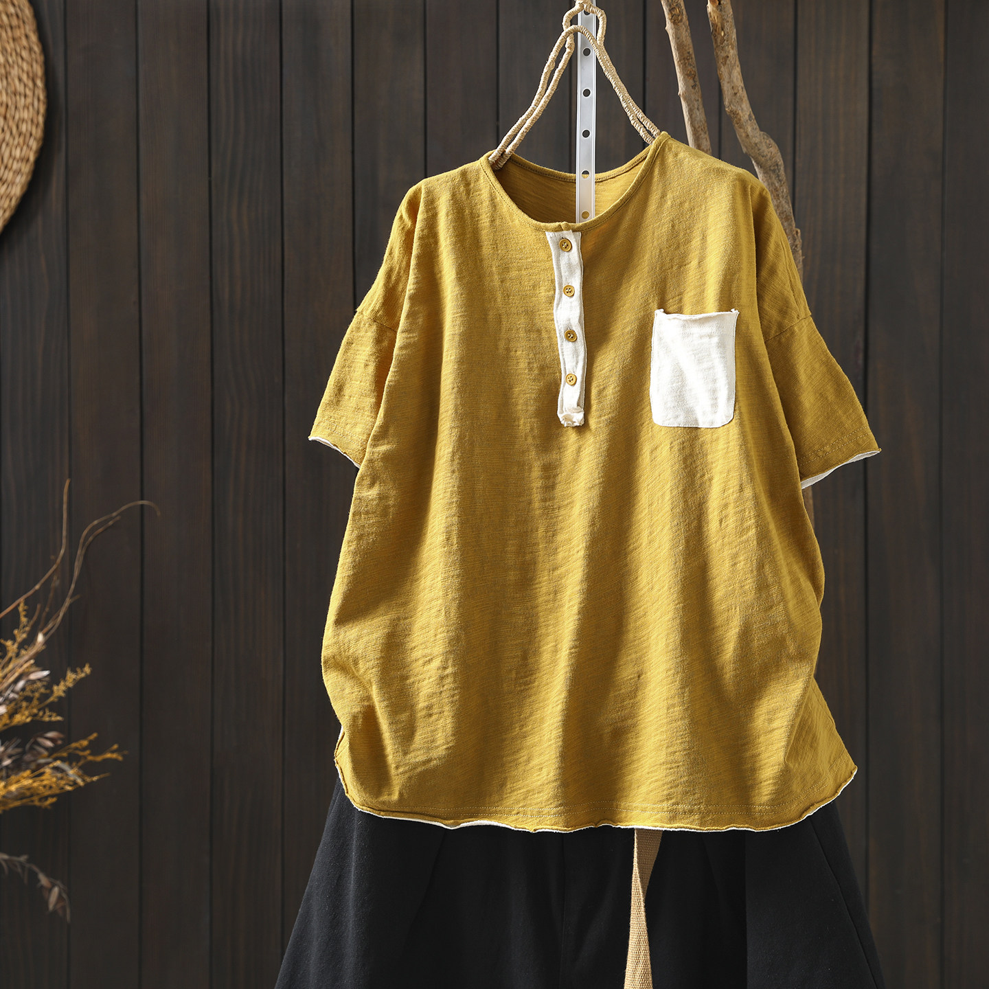 短袖女设计感小众2026夏新款纯棉撞色绝美休闲显瘦宽松洋气t恤衫