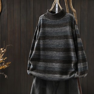 棉线针织黑色条纹可外穿套头针织衫 半高领毛线衣女2025秋冬季 新款