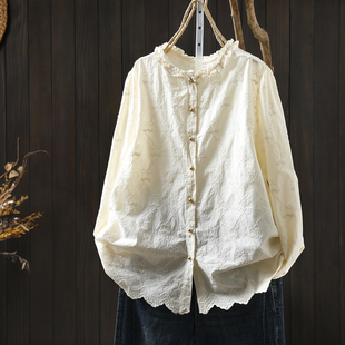法式小资小上衣女2025新款早秋季纯棉刺绣木耳花边领减龄文艺衬衫