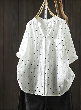 独特漂亮巨好看上衣女款短袖衬衫2026夏新款精致波点印花纯棉T恤