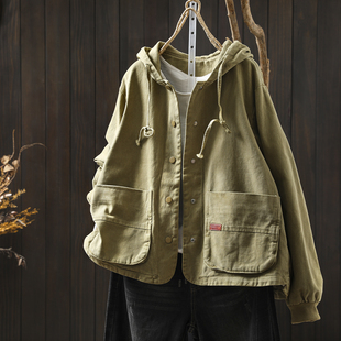巨好看的早秋外套女2025新款连帽小个子棉质宽松时尚复古文艺上衣