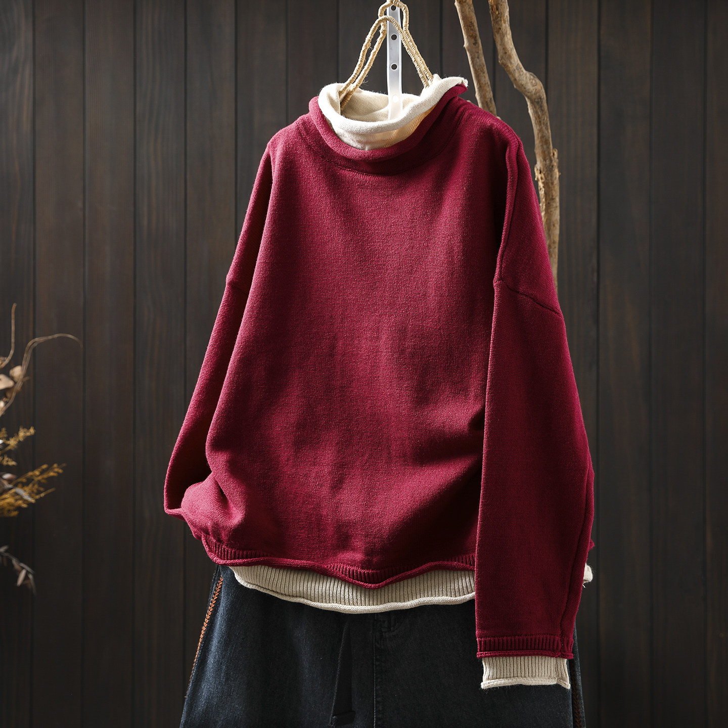 假两件毛衣可外穿内搭女2025秋冬季新款双层撞色领大码宽松针织衫