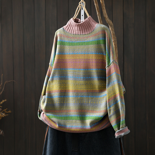 宽松毛线衣 彩色条纹半高领洋气减龄大版 2025巨好看 毛衣女冬新款