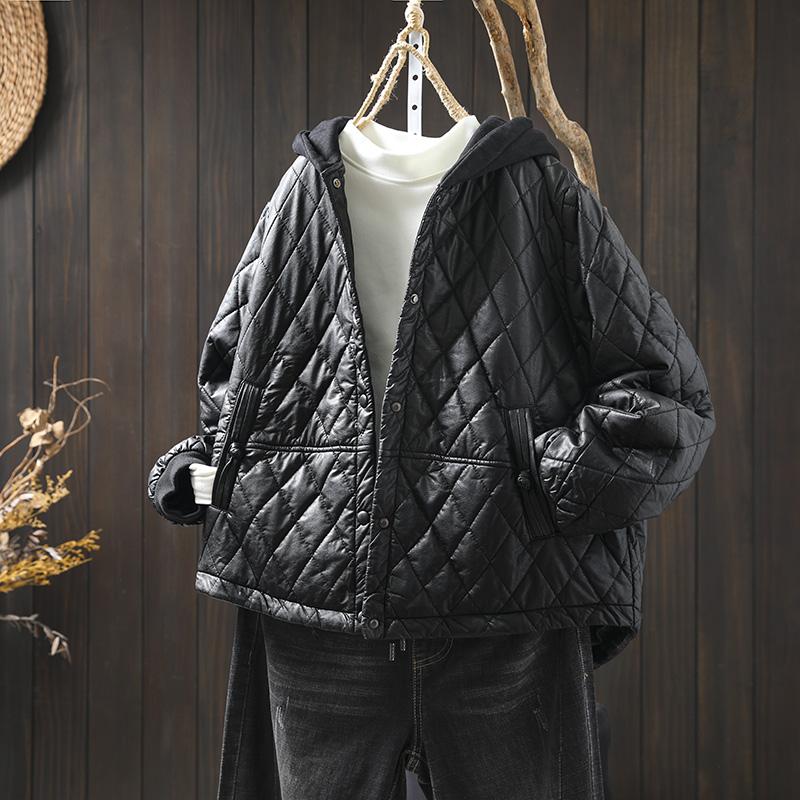 菱格连帽pu夹棉皮衣外套女冬季加厚保暖秋冬新款复古盘扣棉袄棉服