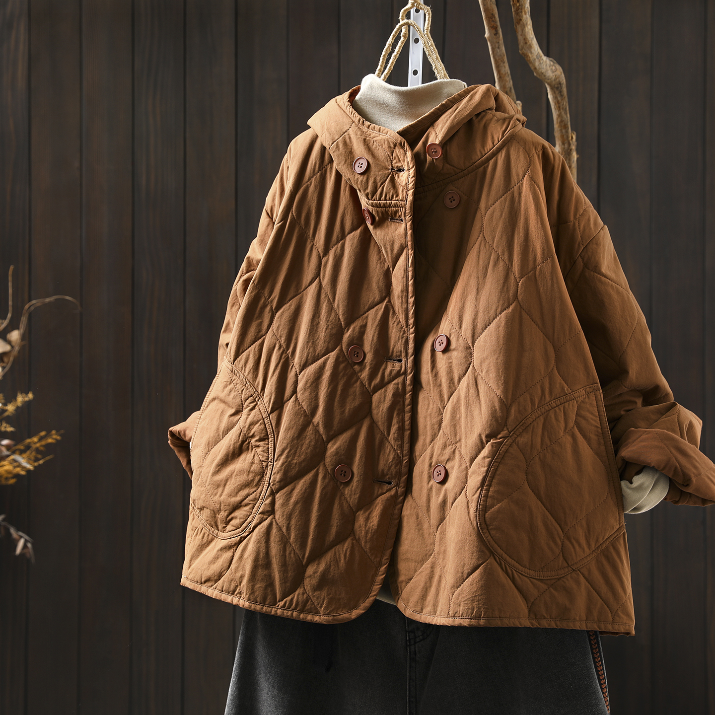 连帽棉服女款2025新款初冬季双口袋纯色时尚百搭轻薄夹棉洋气外套