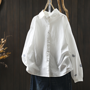 刺绣白衬衫女款2026新款秋纯棉长袖宽松休闲气质减龄翻领打底衬衣